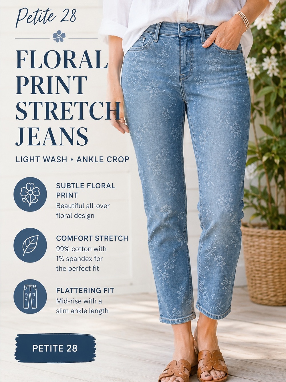 Women’s Petite 28 Floral Print Stretch ankle Jeans